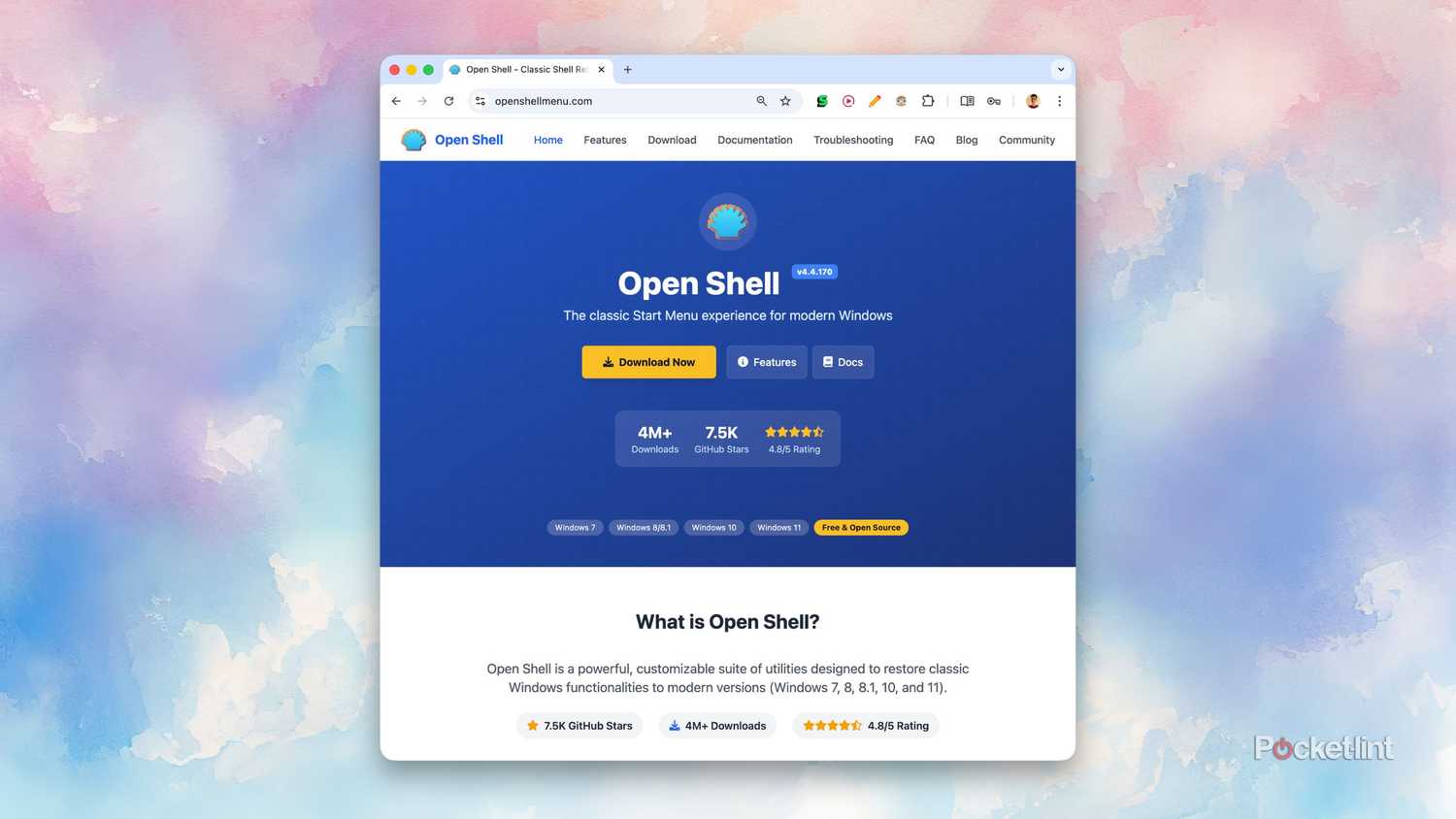 لقطة شاشة لموقع Open-Shell على الويب