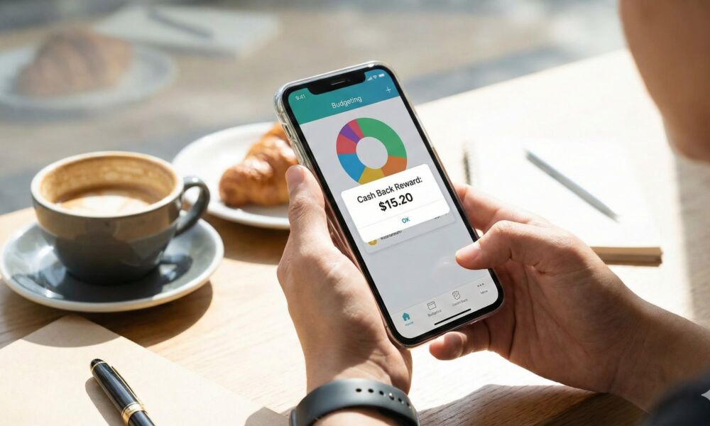 شخص يستخدم iPhone لتطبيق الميزانية واسترداد النقود وتوفير المال