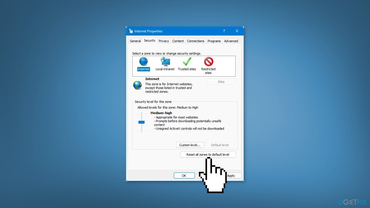 إعادة تعيين خيارات الإنترنت