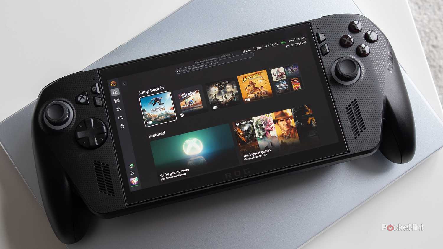 The ROG Xbox Ally X sitting on a table.