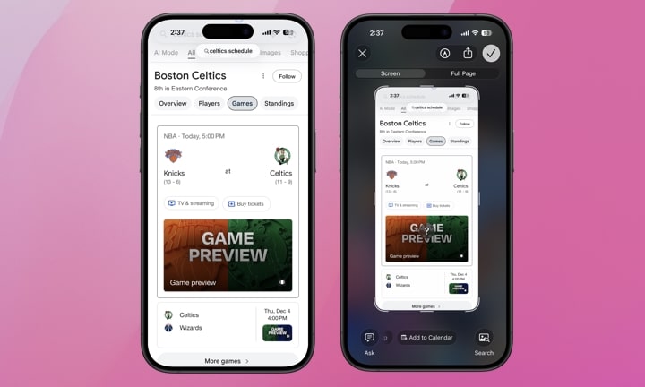جهازي iPhone يعرضان عناصر تحكم لقطة الشاشة.