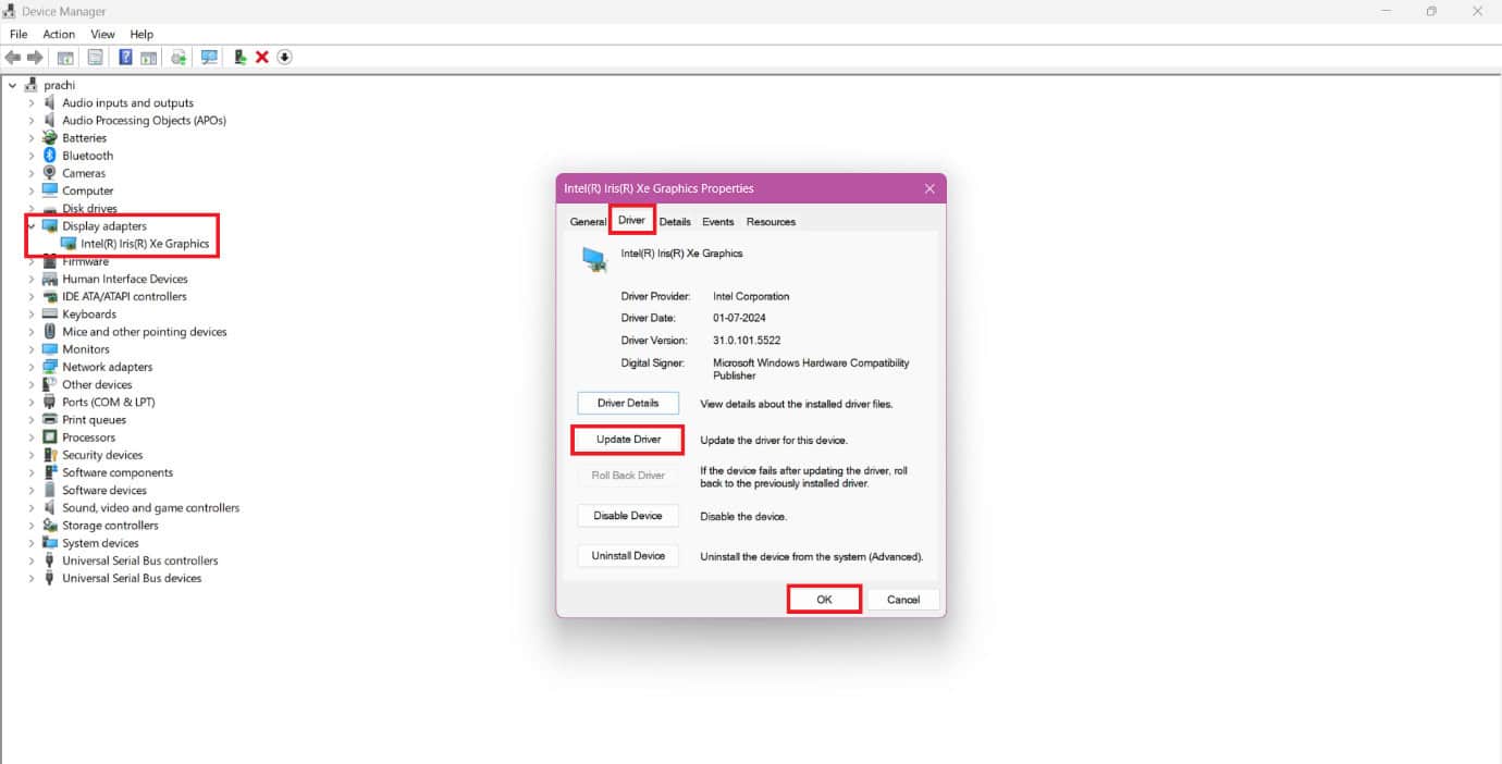 حدد تحديث برنامج التشغيل
