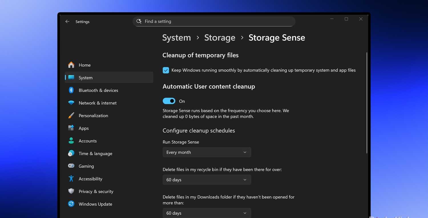 إعدادات Storage Sense في Windows 11.