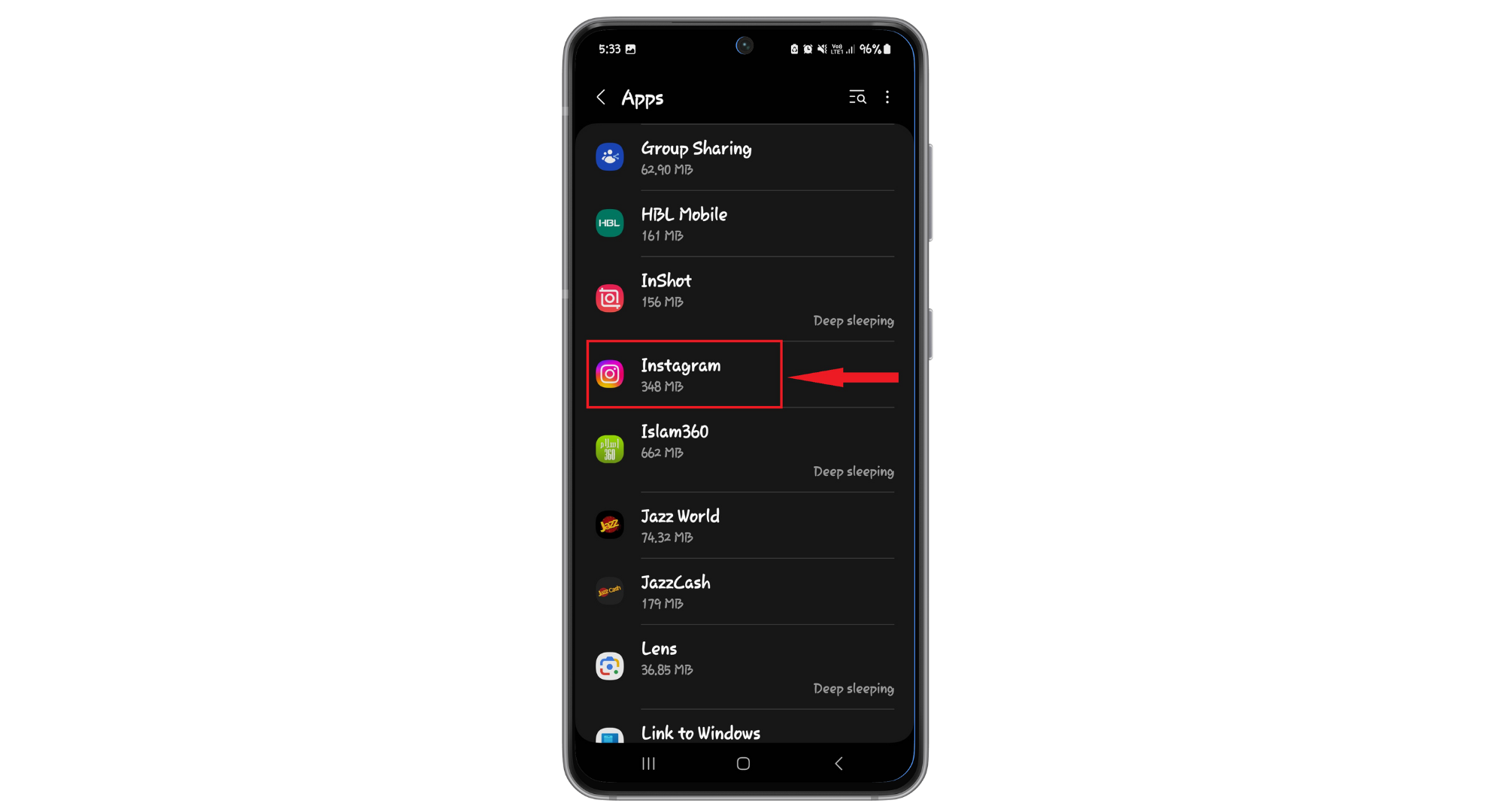 ابحث عن Instagram من القائمة