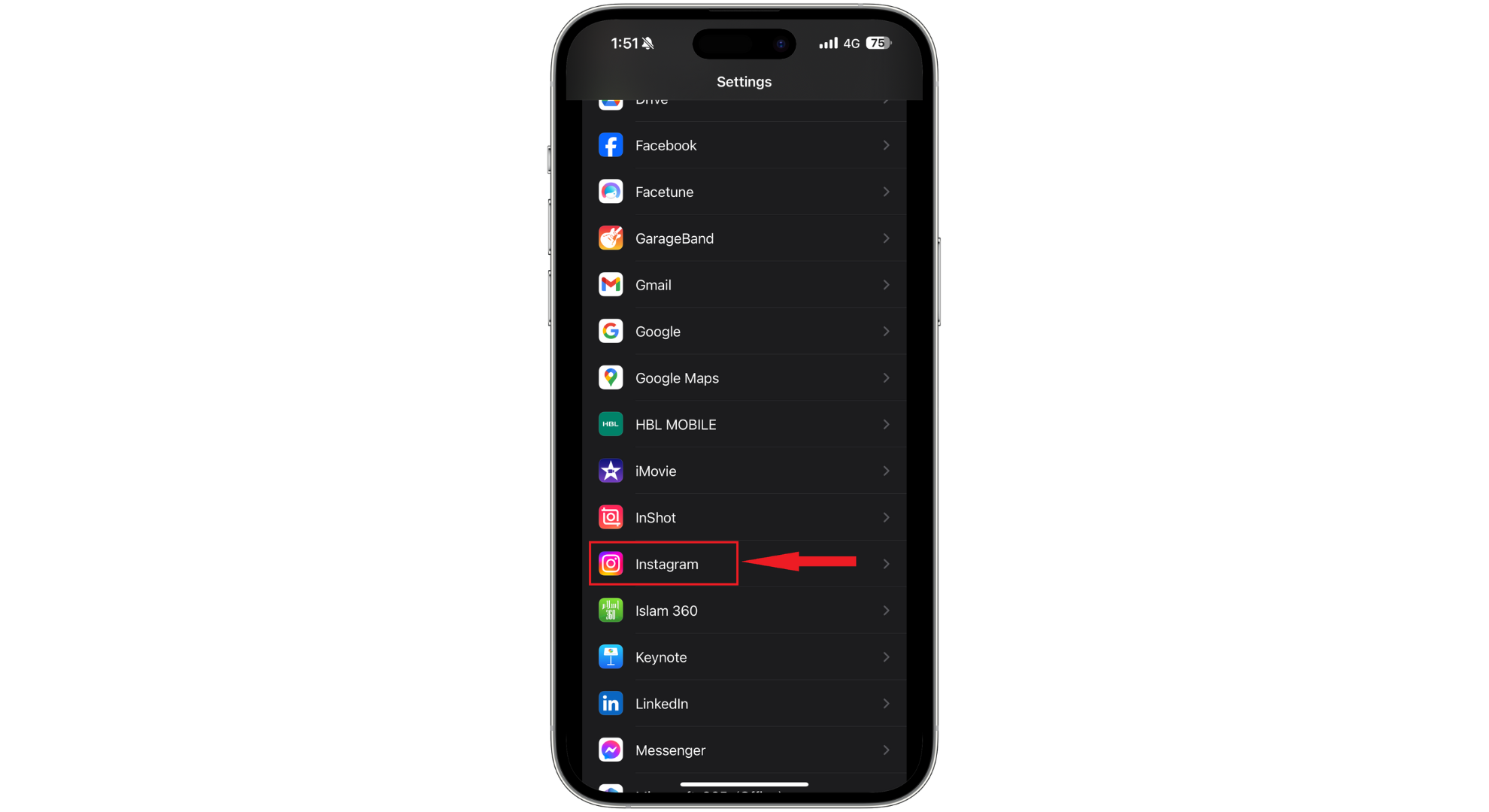 ابحث عن Instagram في الإعدادات
