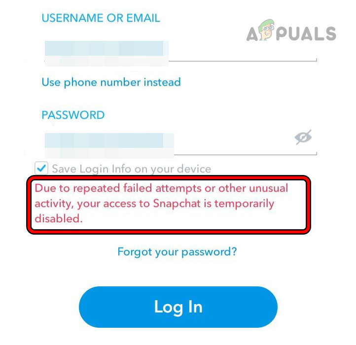 بسبب محاولات تسجيل الدخول الفاشلة المتكررة في Snapchat