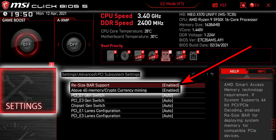Enable Re-Size Bar in the System's BIOS