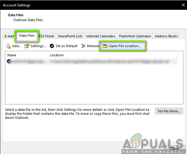 Opening Outlook Data File Location