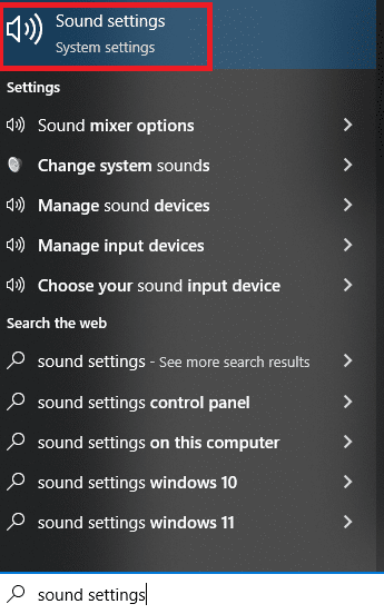 صفحة إعدادات الصوت في Windows