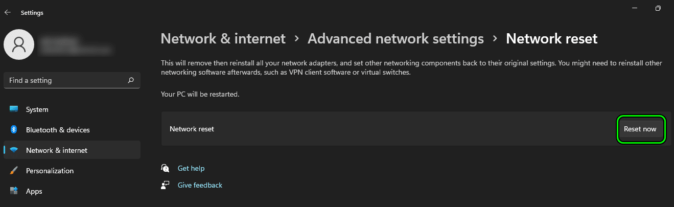 انقر على إعادة التعيين الآن في إعدادات شبكة Windows