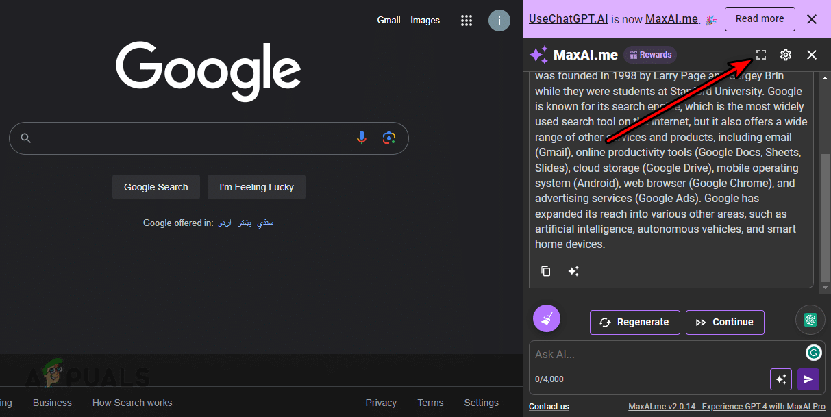تشغيل دردشة MaxAI في نافذة جديدة