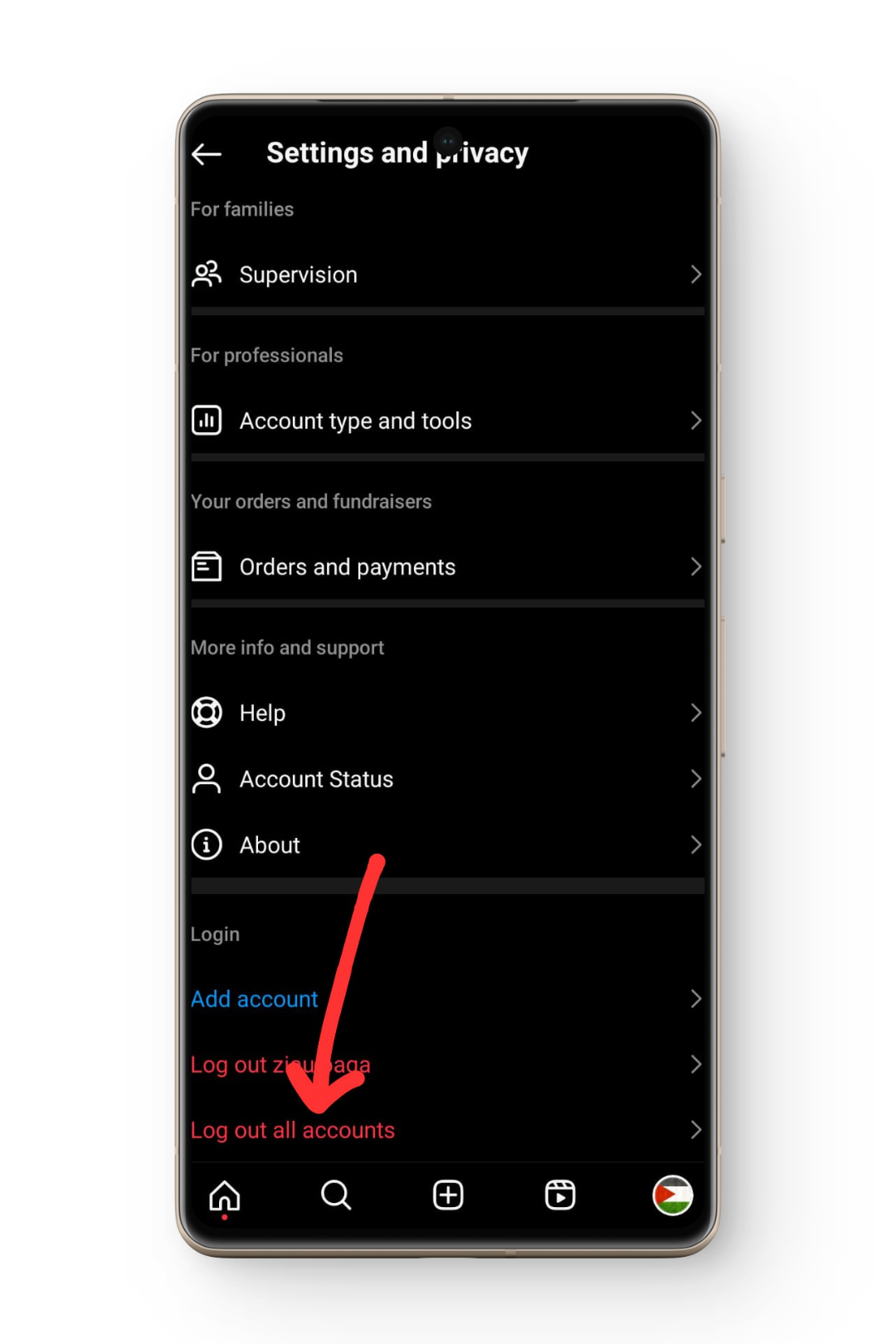 خيار تسجيل الخروج من جميع الحسابات في Instagram