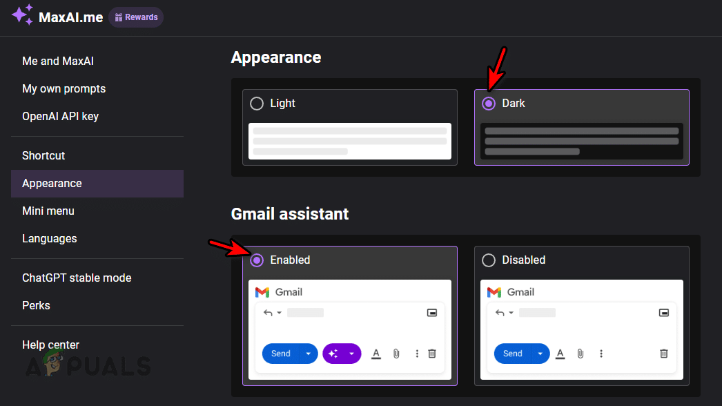 تمكين الوضع الداكن أو الفاتح وتمكين/تعطيل مساعد Gmail AI في علامة تبويب المظهر في MaxAI