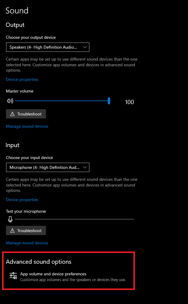 صفحة إعدادات صوت نظام Windows