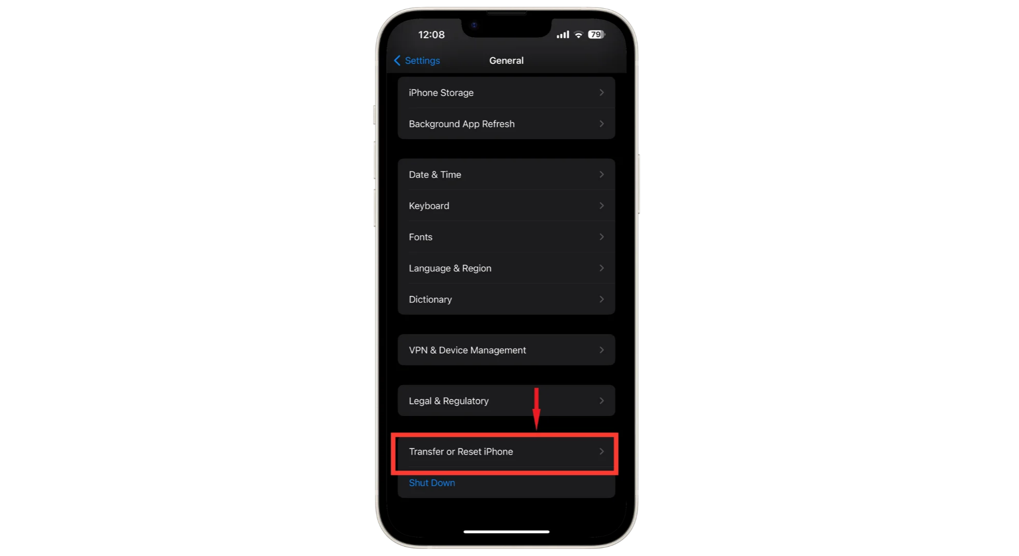 انقر على نقل أو إعادة تعيين iPhone