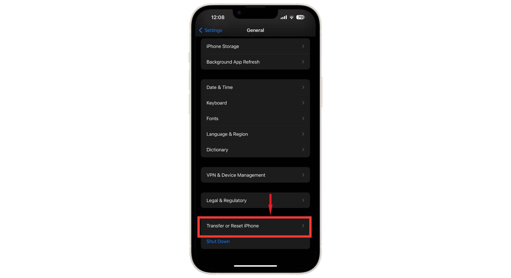 انقر على نقل أو إعادة تعيين iPhone
