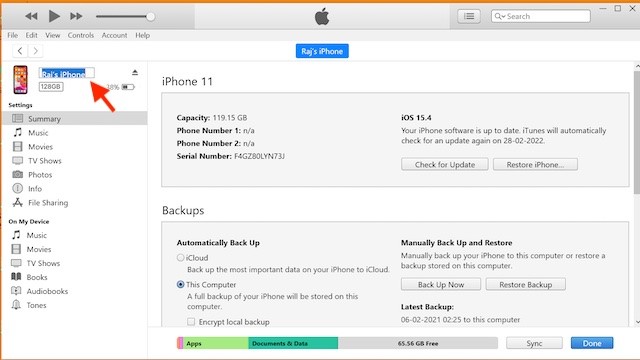 انقر على اسم جهازك في الشريط الجانبي