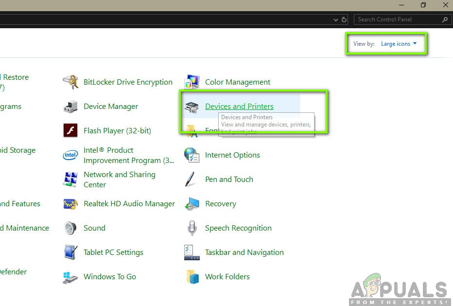 تحديد الأجهزة والطابعات - لوحة التحكم