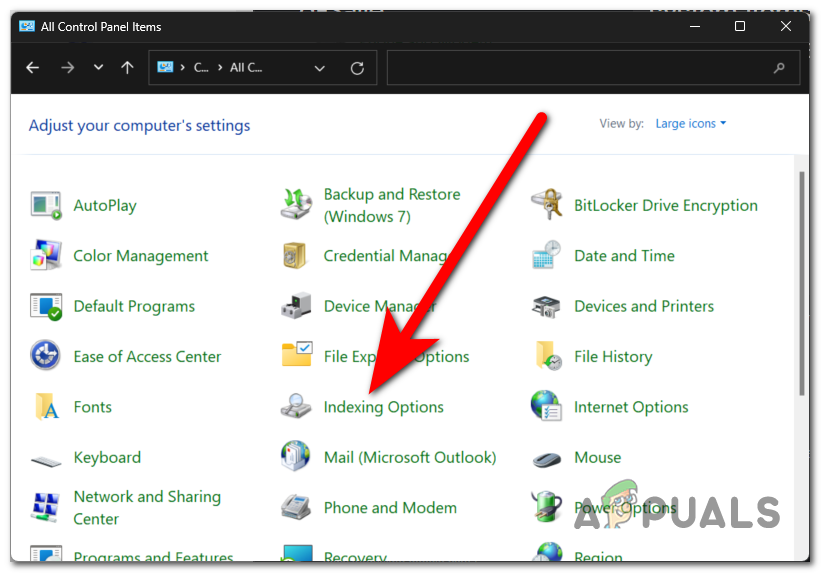 فتح خيارات الفهرسة (Indexing Options)