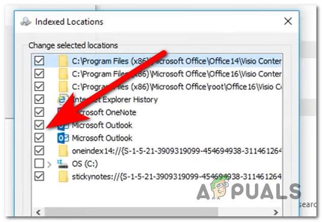 إزالة Microsoft Outlook من خدمة الفهرسة