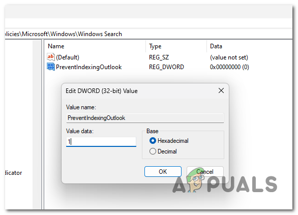 تمكين خيار PreventIndexingOutlook