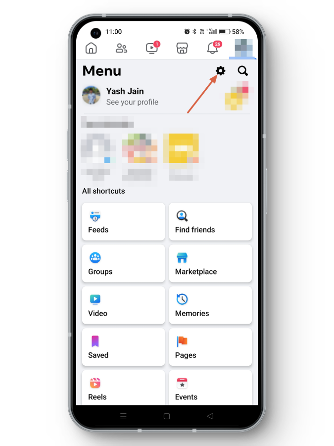زر إعدادات تطبيق Facebook