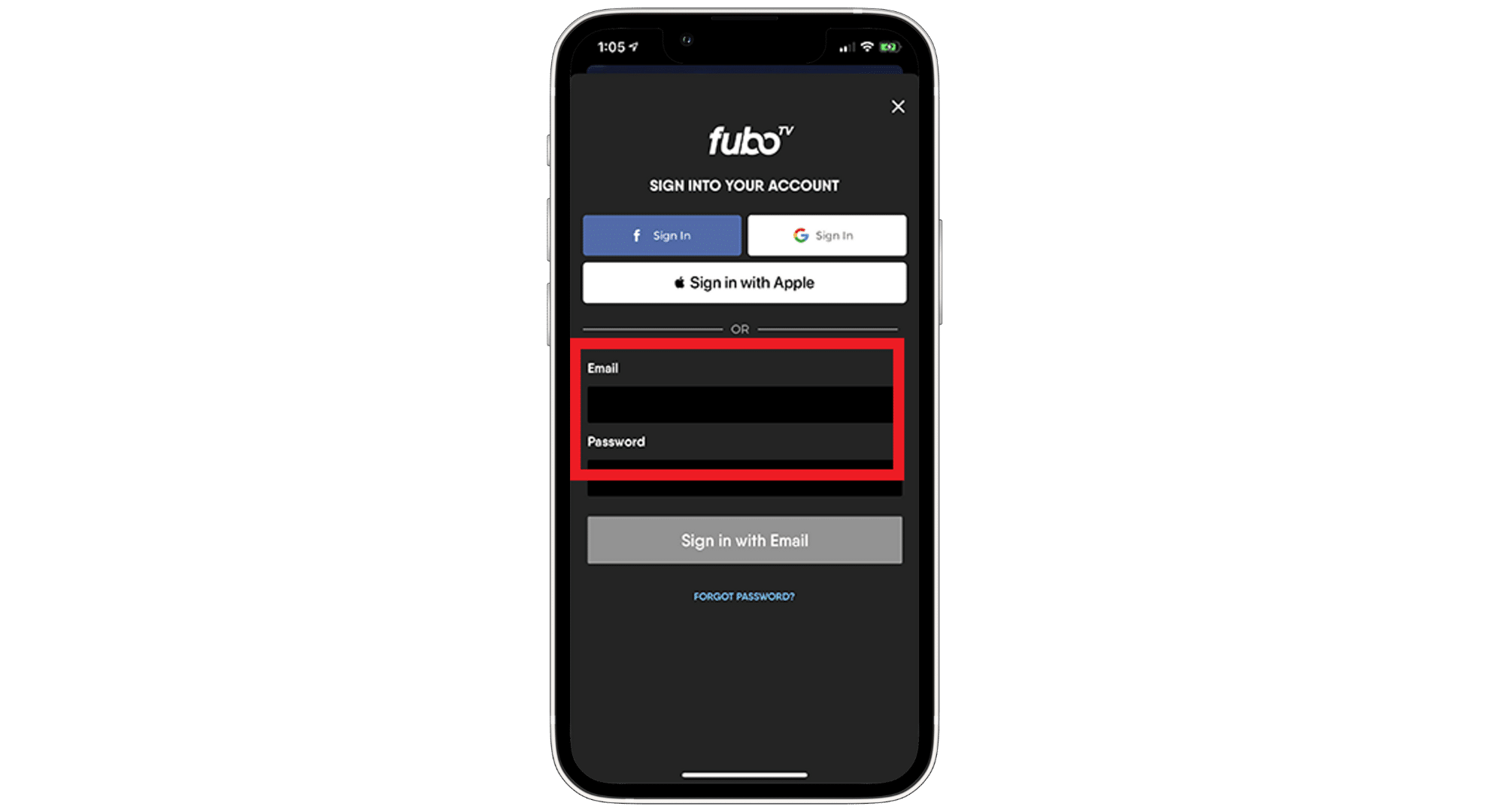 تسجيل الدخول إلى تطبيق Fubo