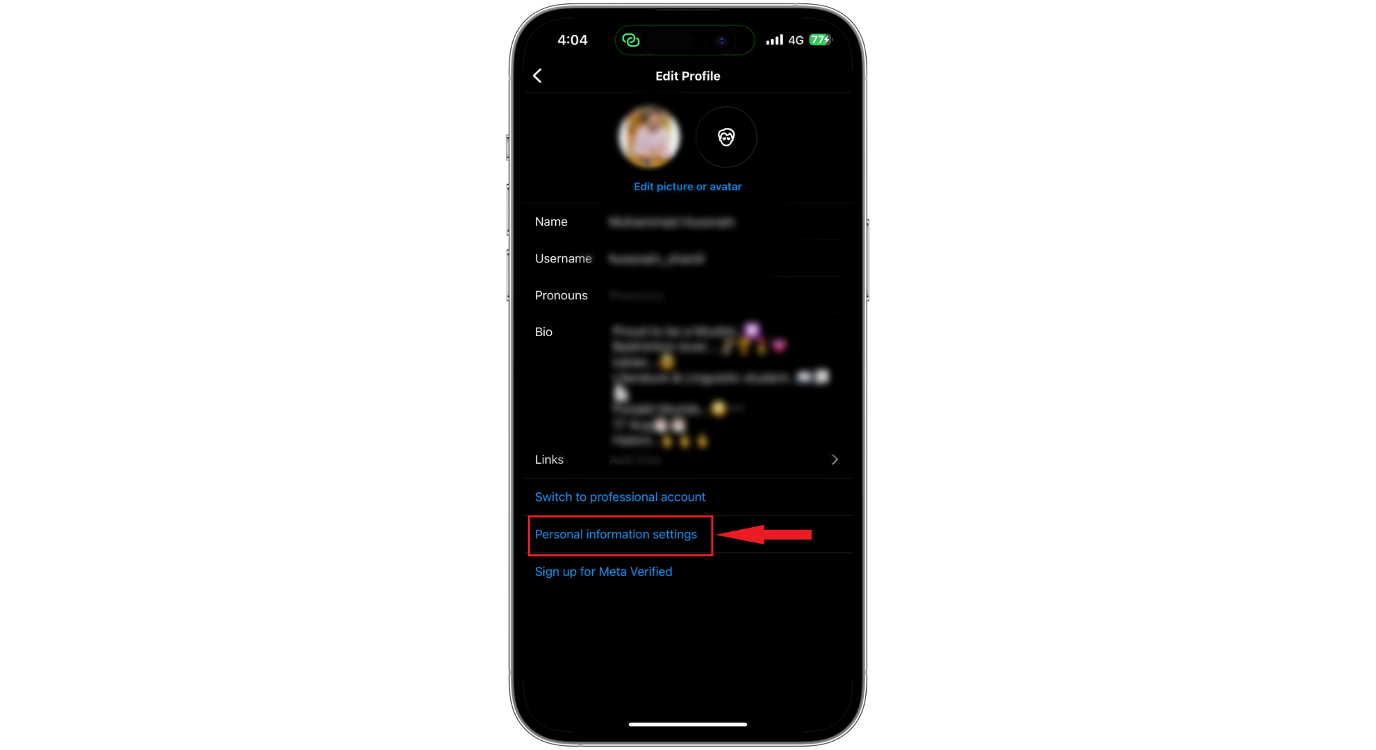 انقر على إعدادات المعلومات الشخصية
