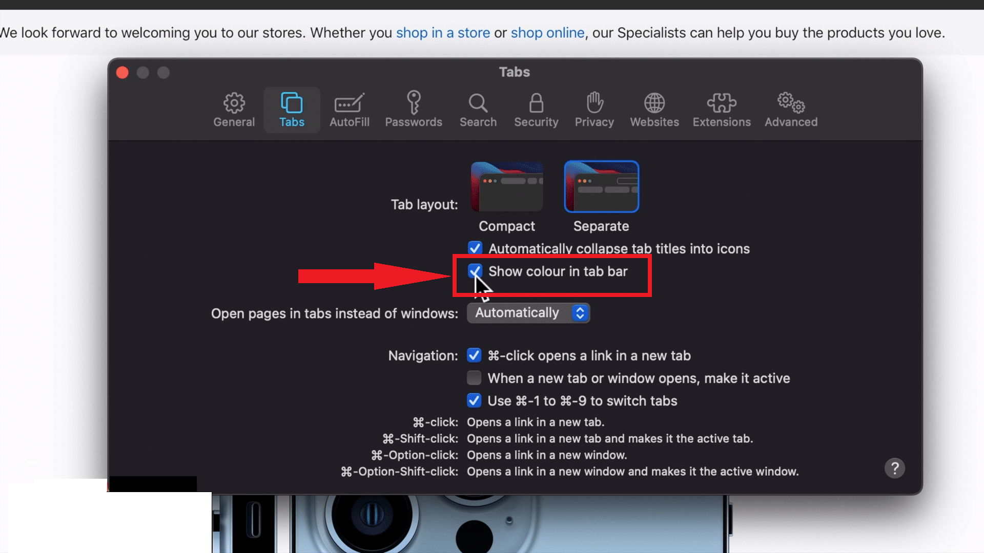 انقر على المربع قبل إظهار اللون في شريط علامات التبويب