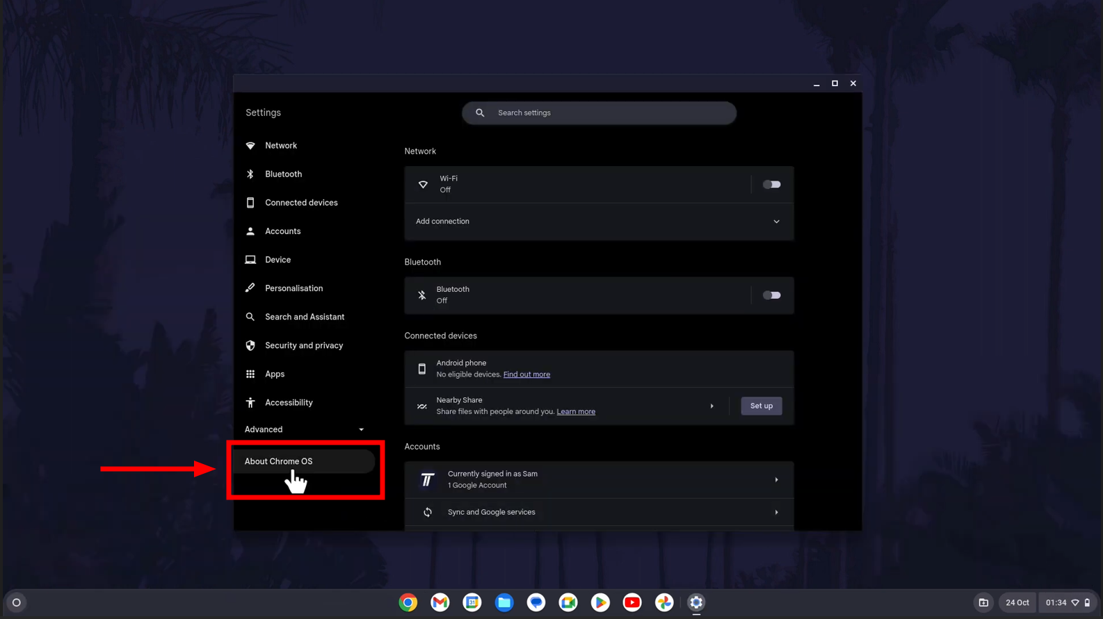 انقر على حول Chrome OS