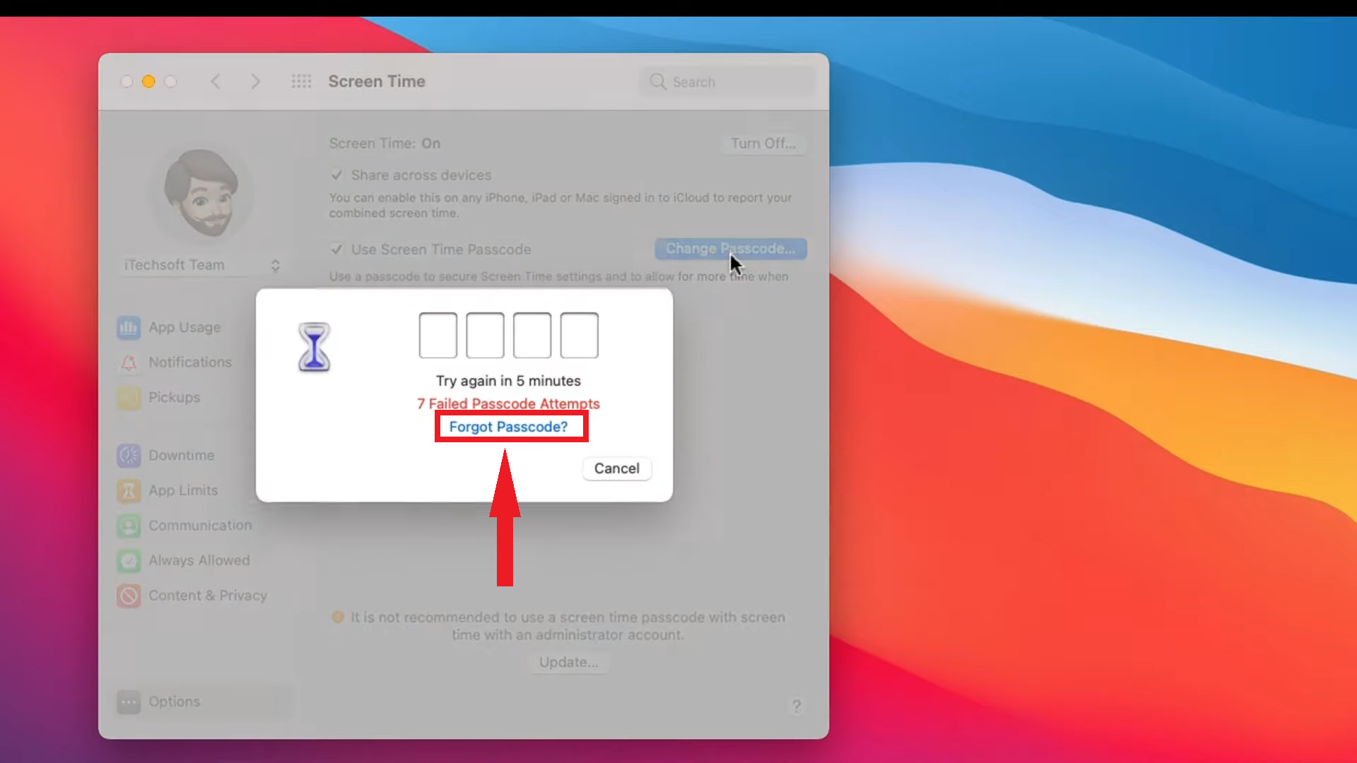 انقر على خيار Forgot Passcode