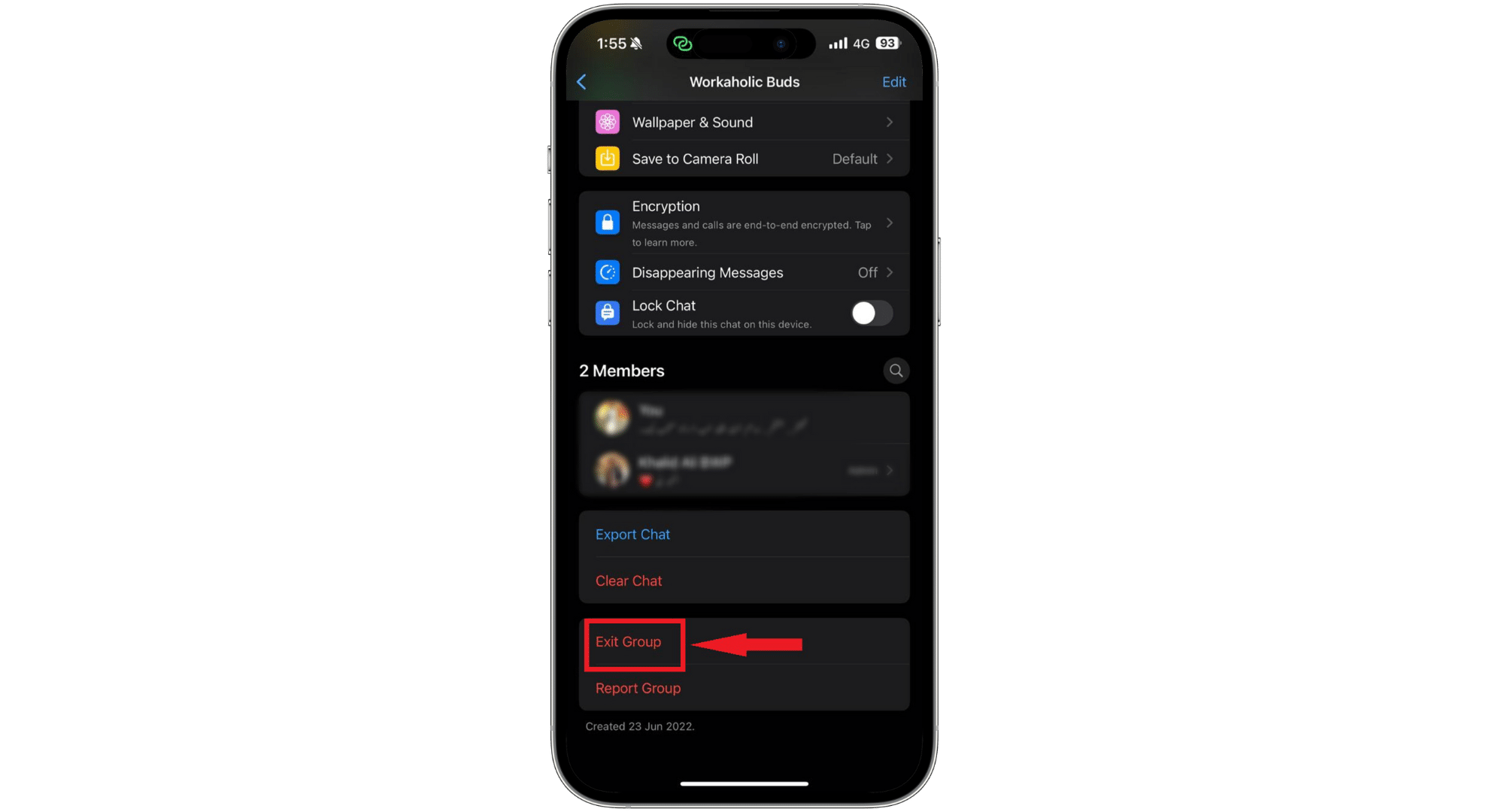 اضغط على مغادرة المجموعة