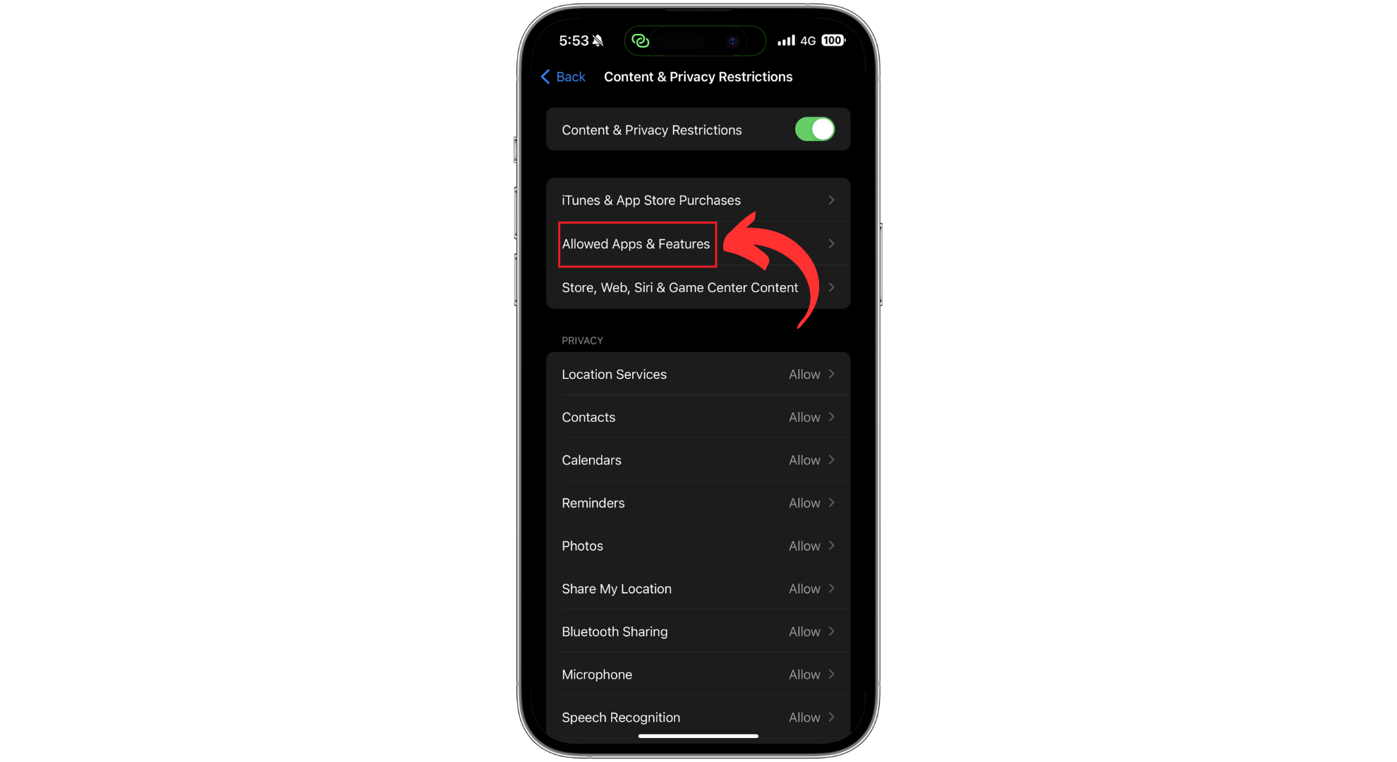 اضغط على التطبيقات والميزات المسموح بها