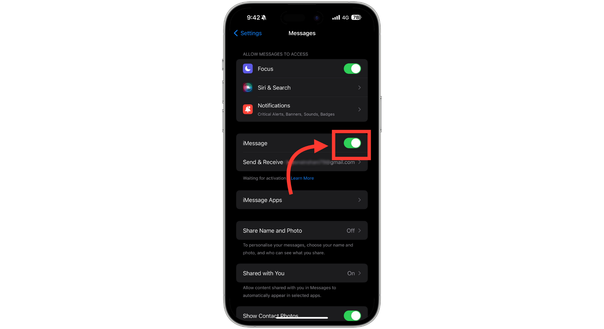 اضغط على مفتاح iMessage
