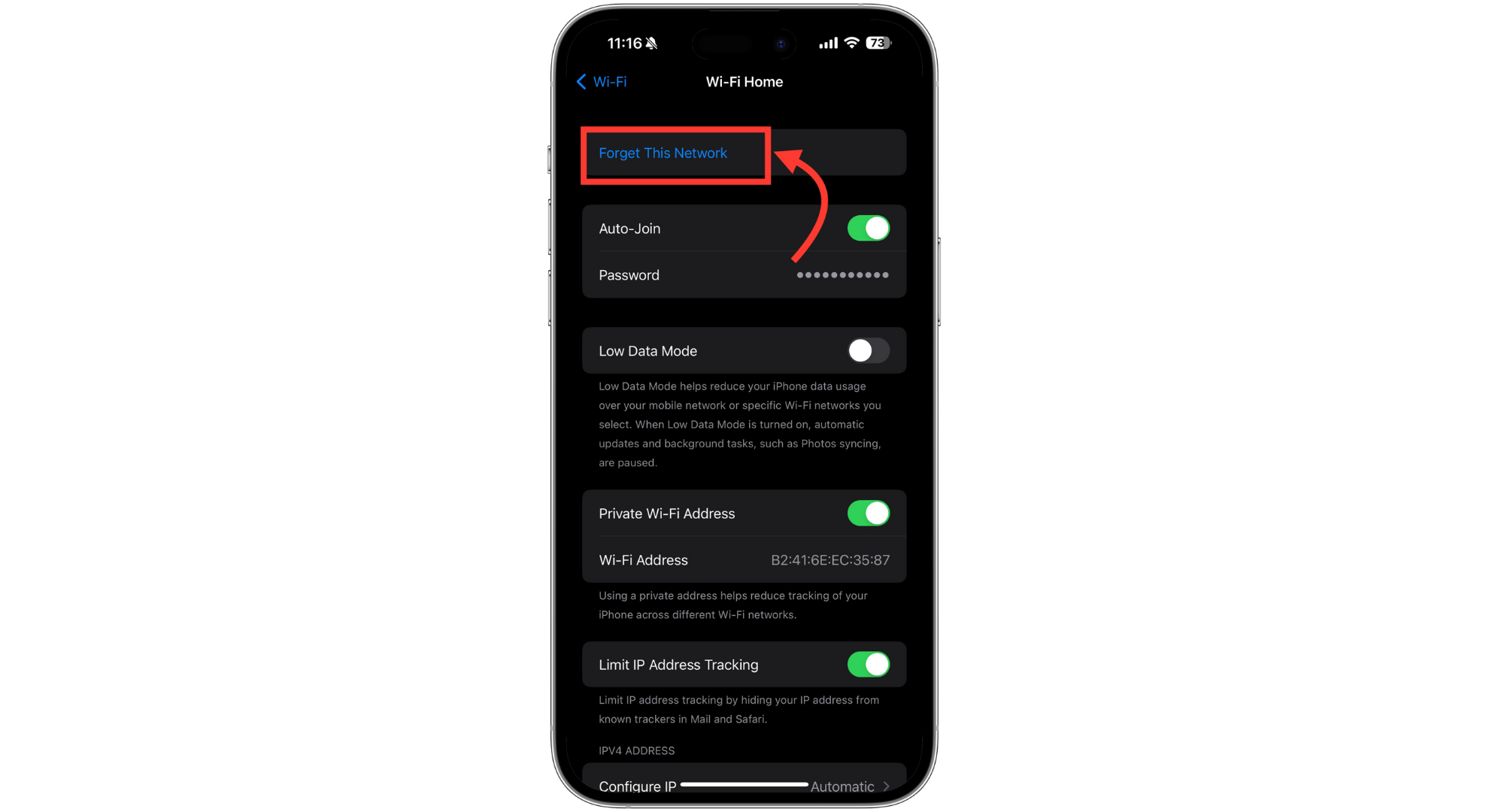 اضغط على نسيان هذه الشبكة