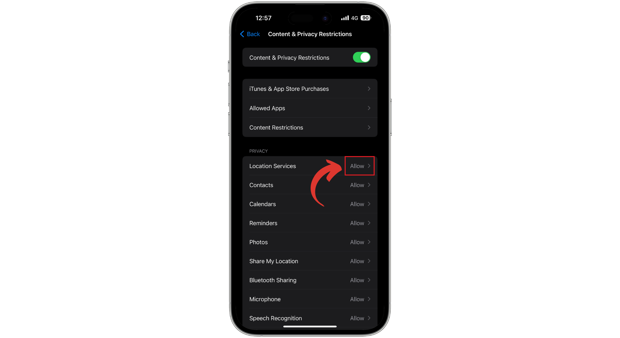 تأكد من أن Share My Location مسموح به