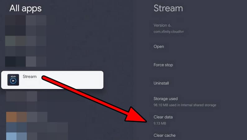 مسح الذاكرة المؤقتة والبيانات لتطبيق Xfinity Stream