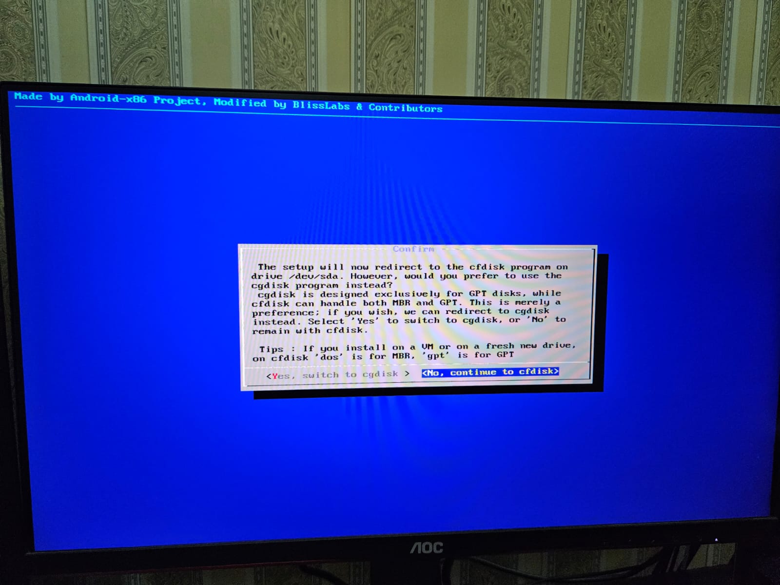رفض استخدام cgdisk والمتابعة بـ cfdisk