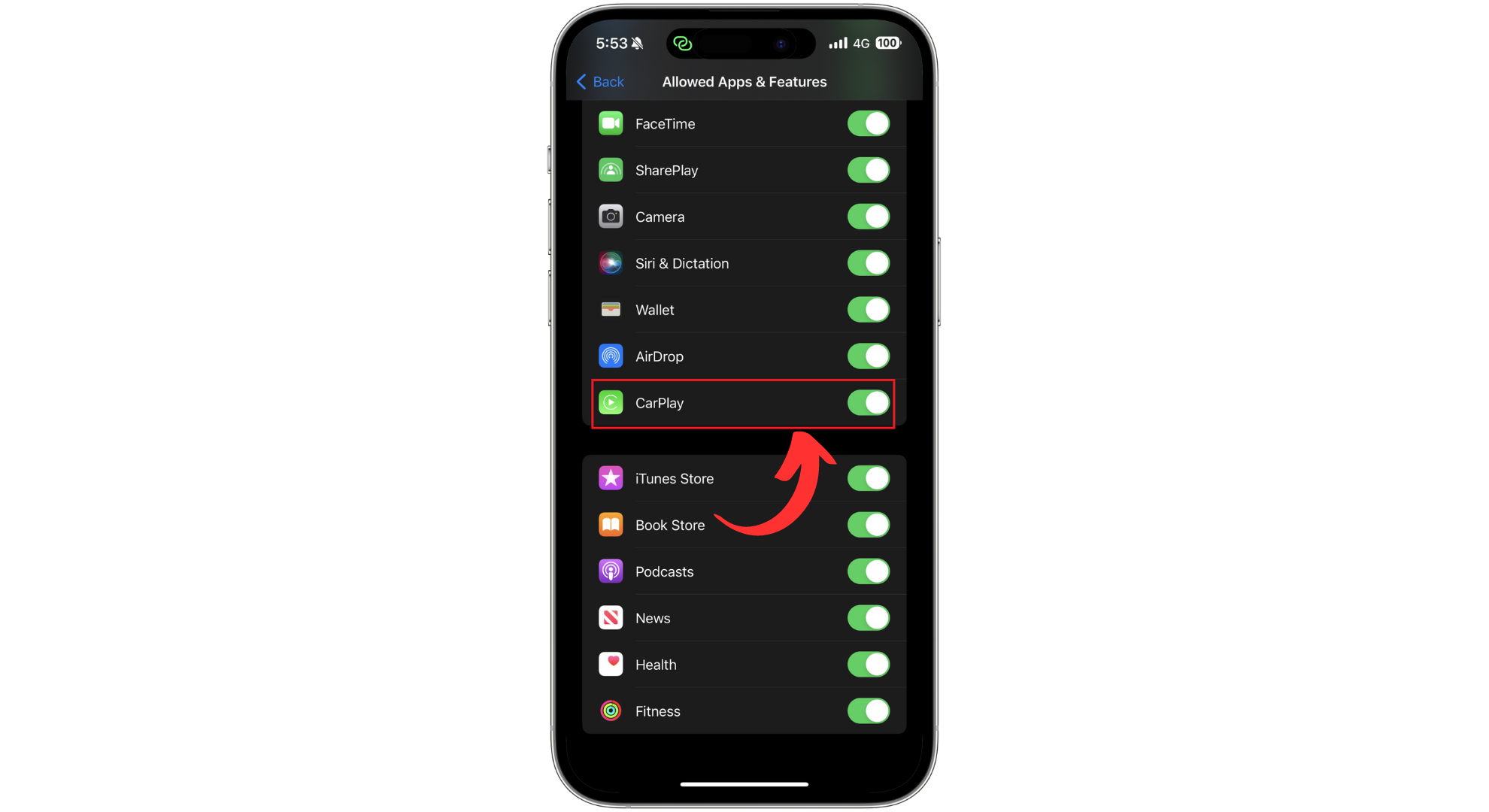اضغط على مفتاح تبديل CarPlay