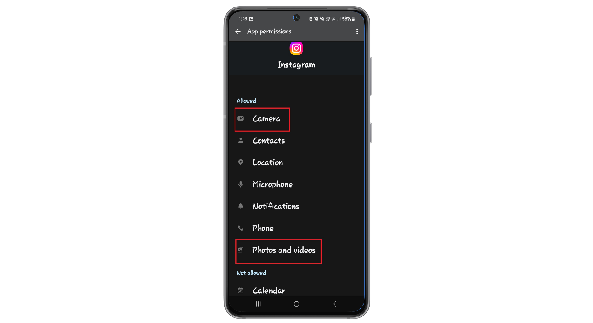 اسمح لـ Instagram باستخدام الكاميرا