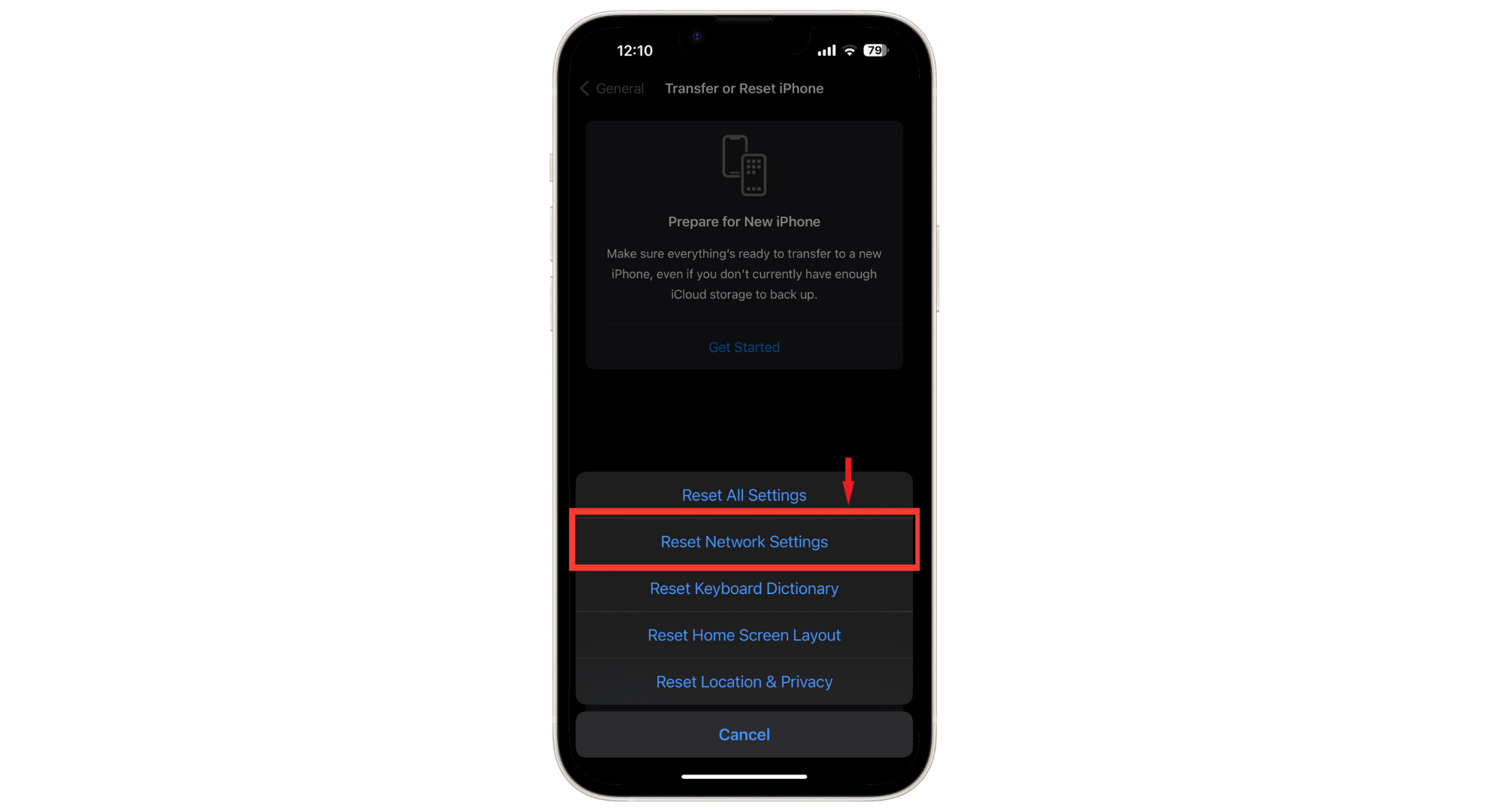 اختر "إعادة تعيين إعدادات الشبكة"