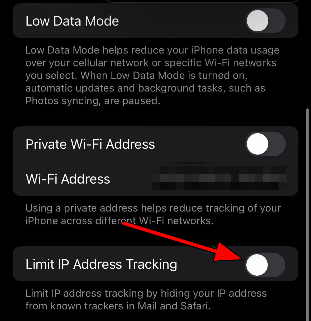 تعطيل تقييد تتبع عنوان IP على iPhone