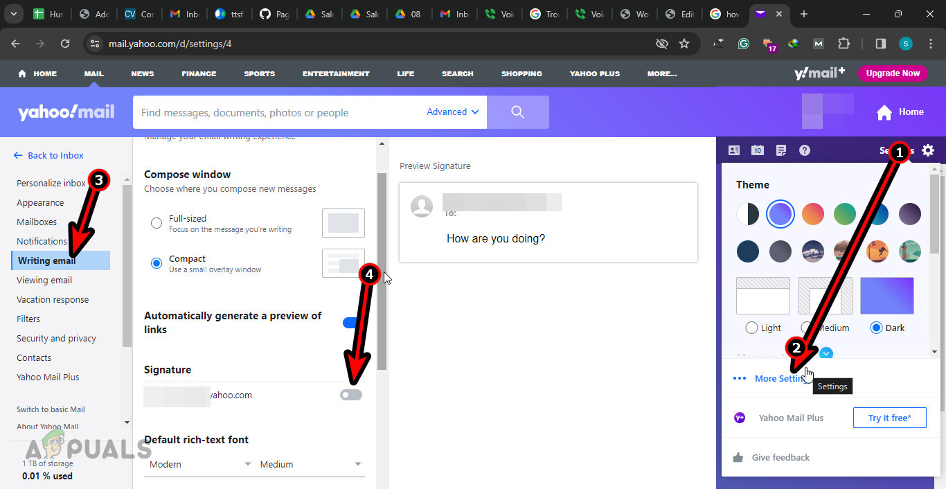 تعطيل التوقيعات في إعدادات Yahoo Mail