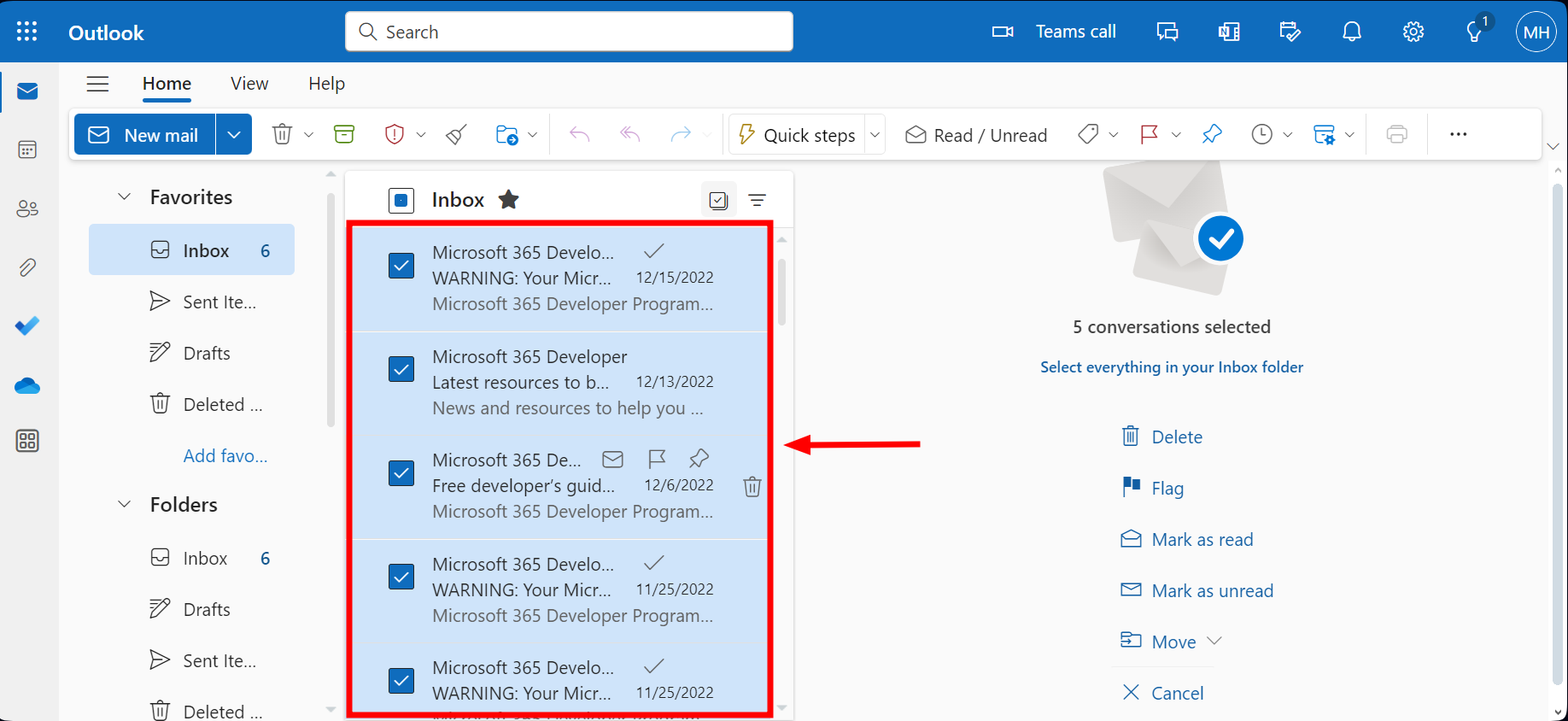 تم تحديد رسائل بريد إلكتروني متعددة