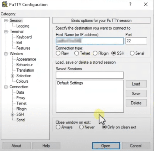 نافذة PuTTY Configuration.