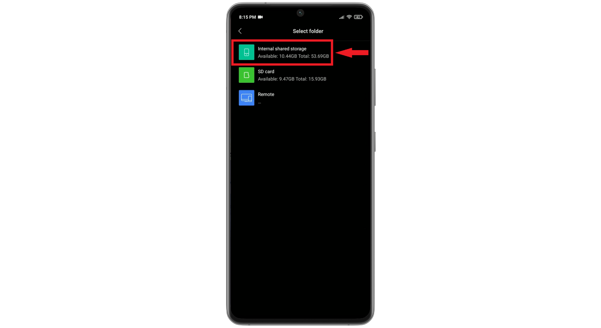 اضغط على Internal shared storage