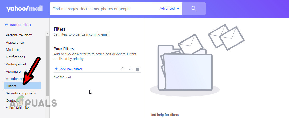 التحقق من فلاتر Yahoo الخاصة بالمستلم