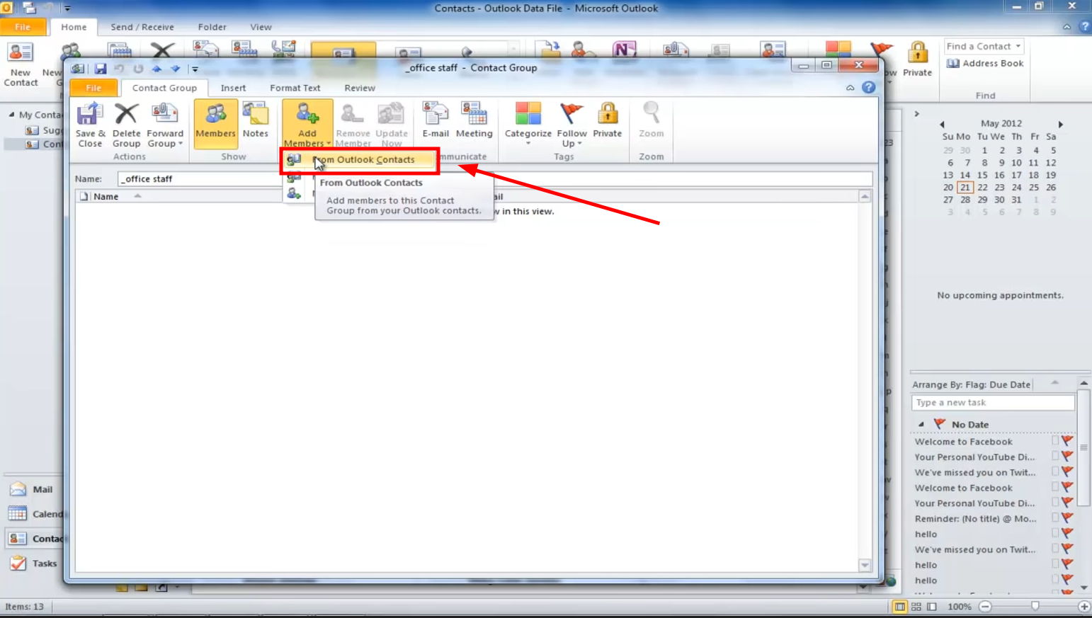 5. انقر من جهات اتصال Outlook