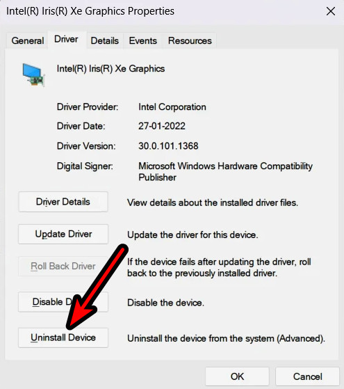 إلغاء تثبيت برنامج تشغيل رسوميات Intel Iris Xe