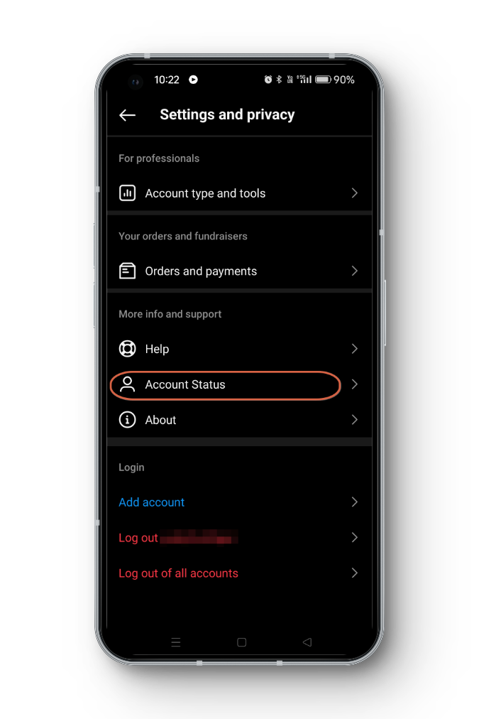 حالة الحساب على Instagram